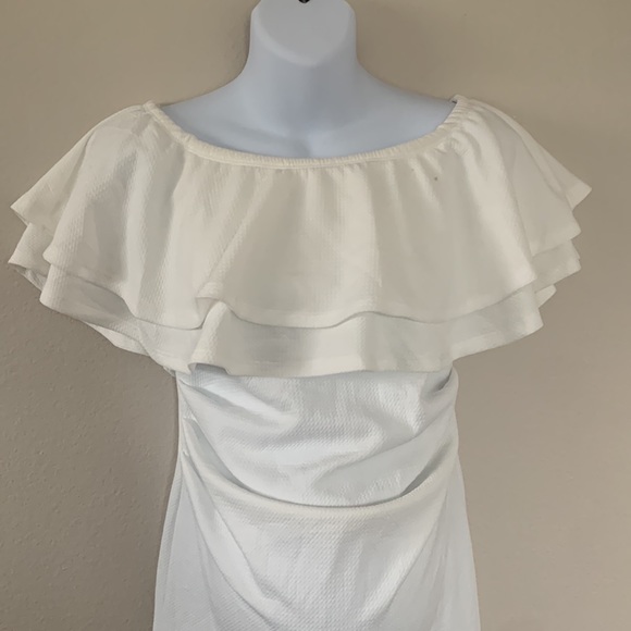 Pinkblush White Waffle Knit Off Shoulder Ruched Maternity Dress - Picture 4 of 12